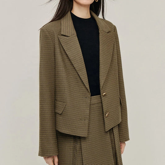 Checked Blazer in Brown and Black with Gold-Tone Buttons