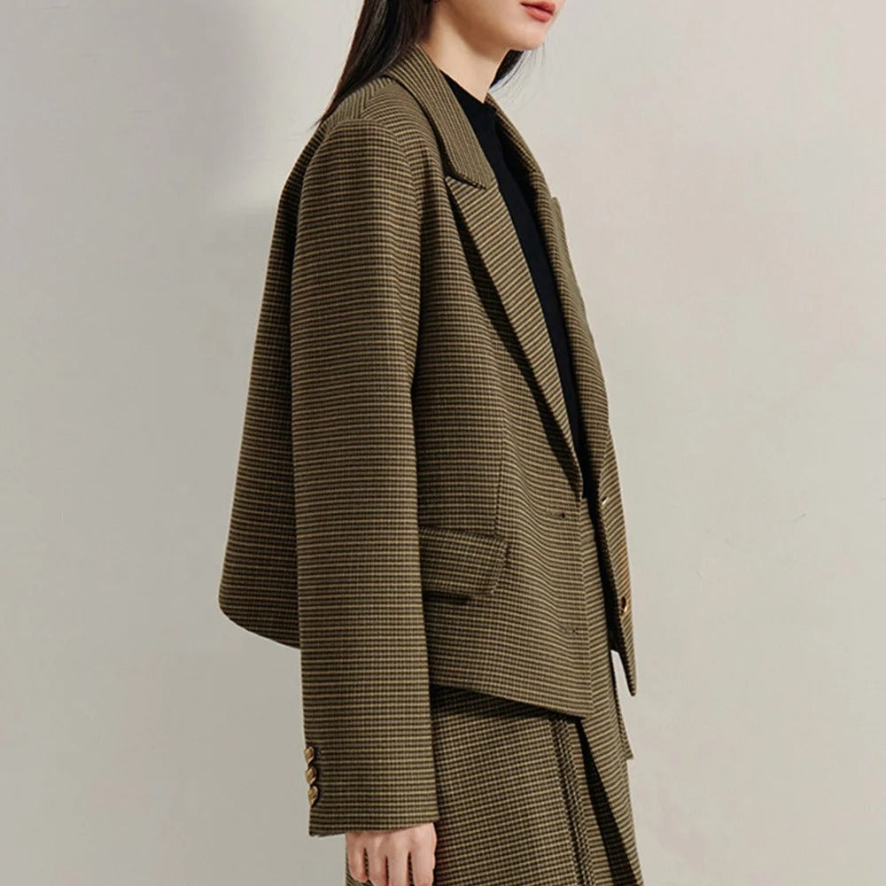 Checked Blazer in Brown and Black with Gold-Tone Buttons