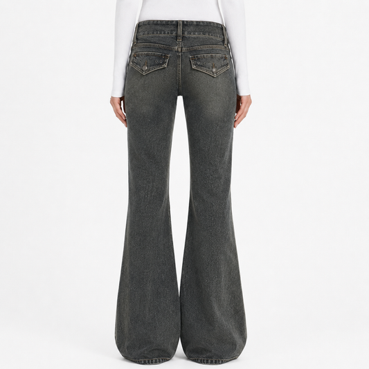 Corset-Waist Flare Jeans with Lace-Up Detail in Acid Wash