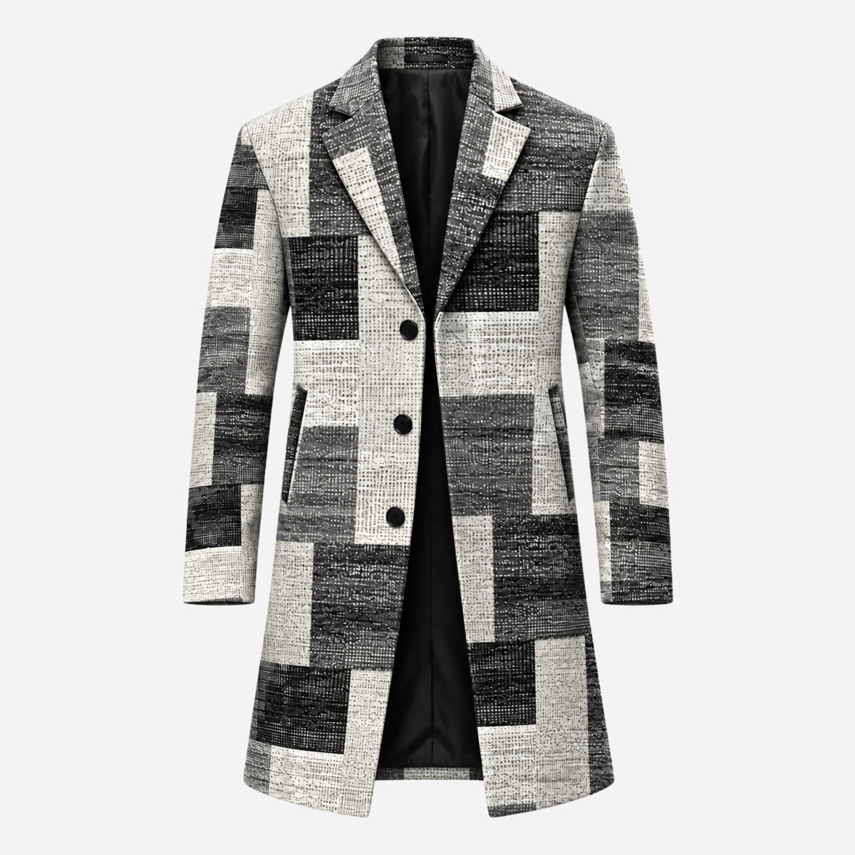Men's Geometric Check Single-Breasted Long Coat-Fowsa