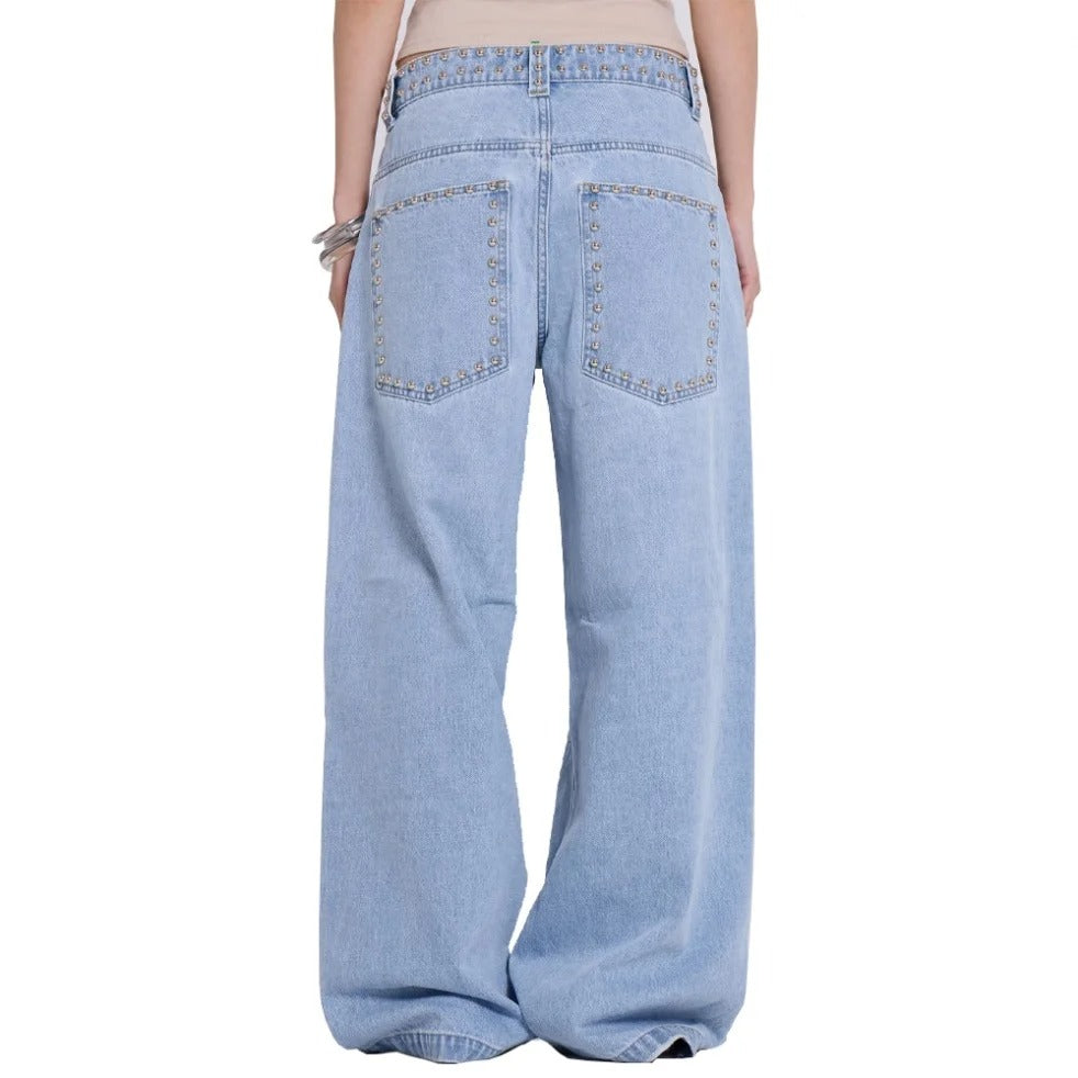 Studded Wide-Leg Jeans in Light Blue Wash