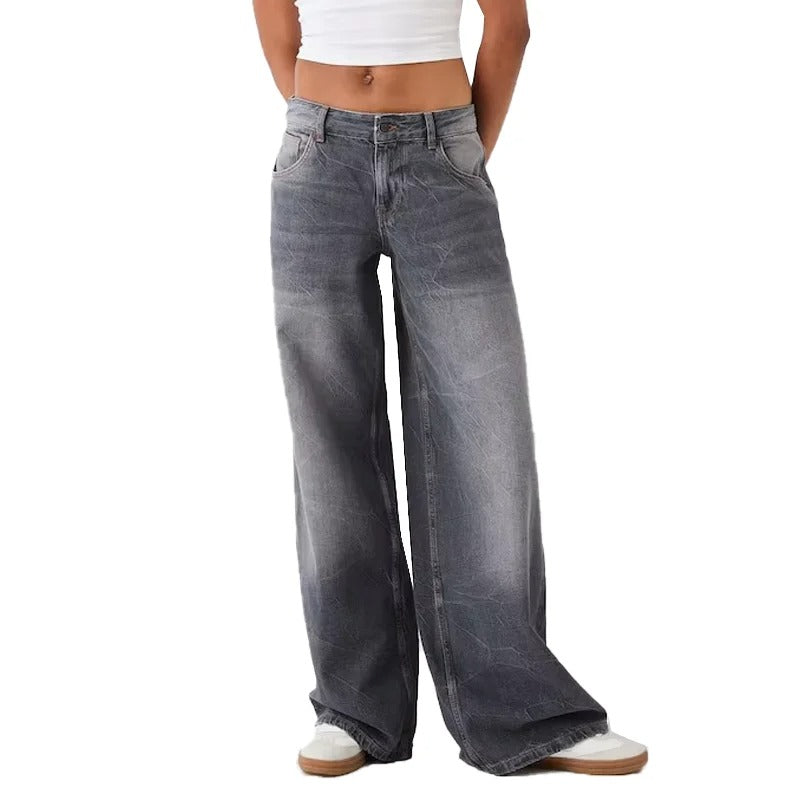 Grey Washed Low-Rise Wide-Leg Jeans