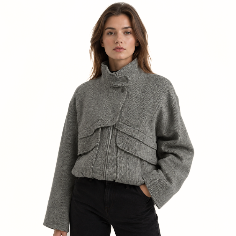 Houndstooth High-Collar Wool Coat-Fowsa