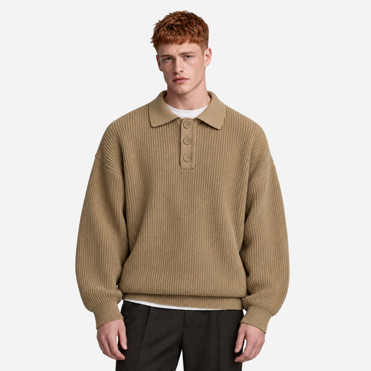 Men’s Textured Rib Knit Polo Jumper
