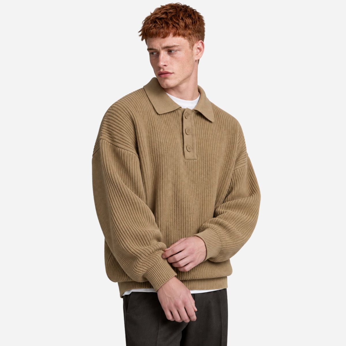 Men’s Textured Rib Knit Polo Jumper