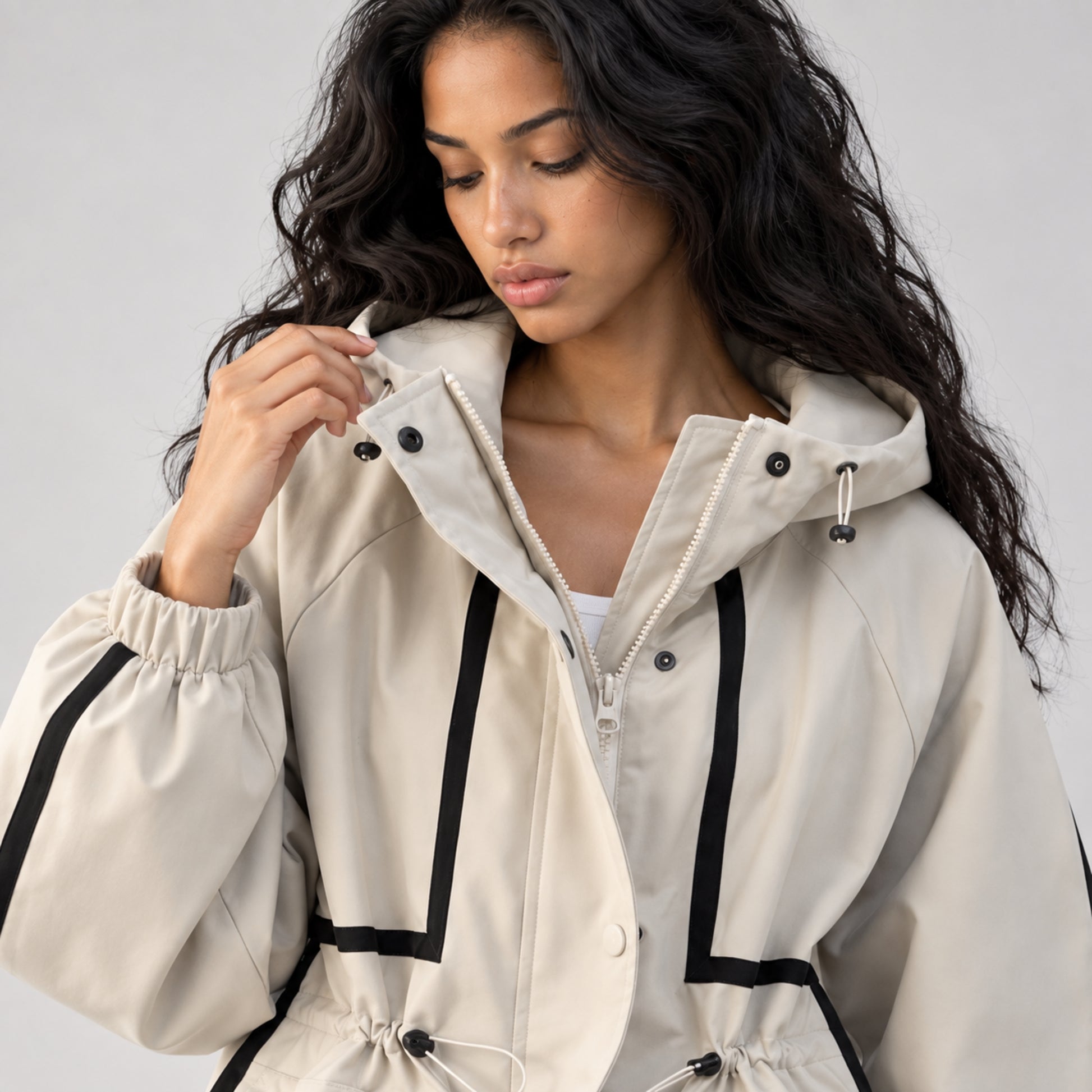 Women's Hooded Drawstring Utility Jacket-Fowsa