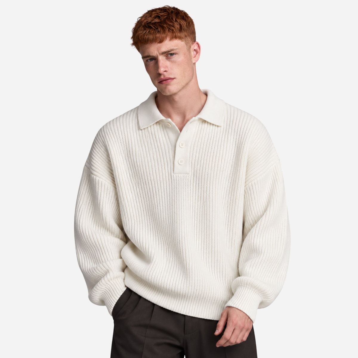 Men’s Textured Rib Knit Polo Jumper