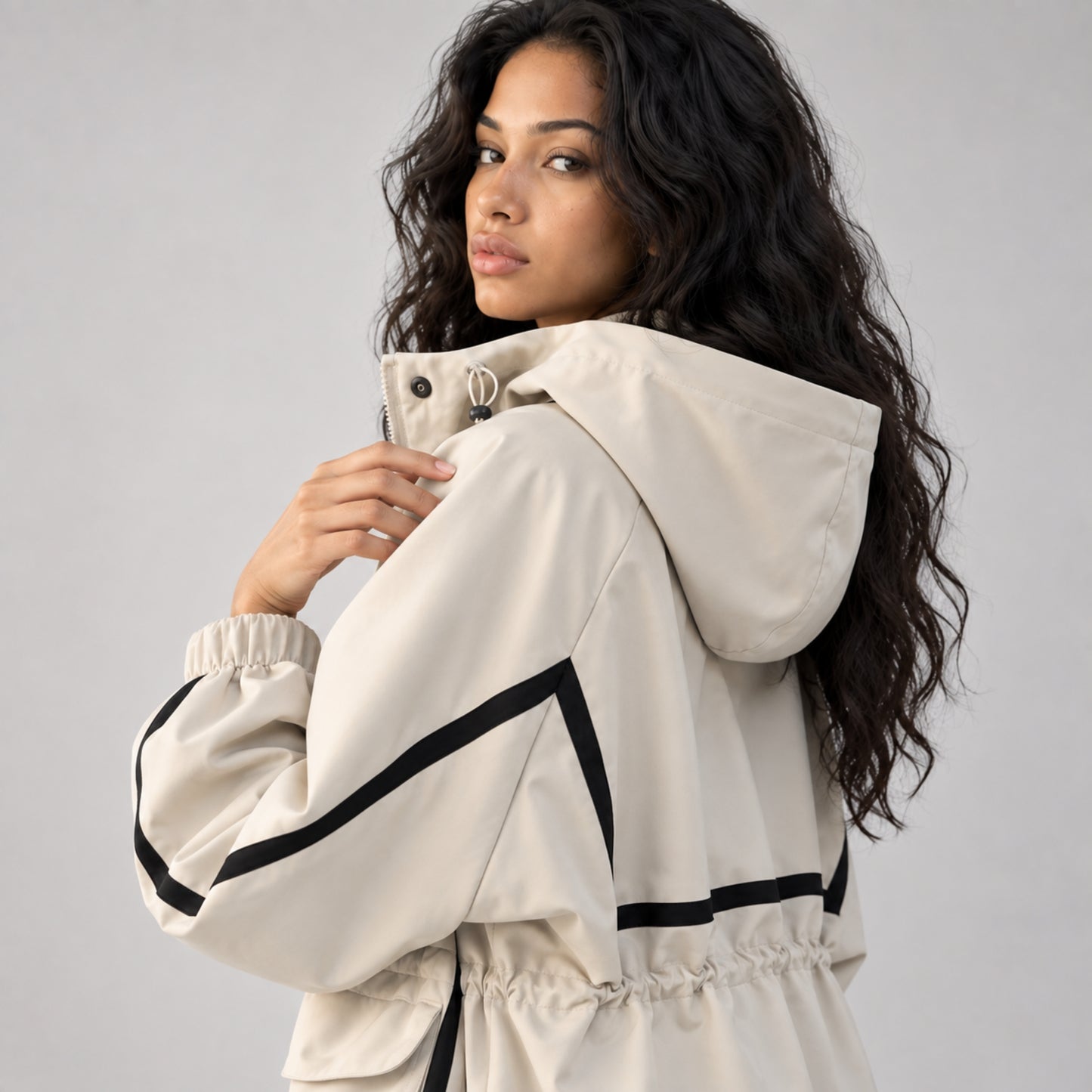 Women's Hooded Drawstring Utility Jacket-Fowsa