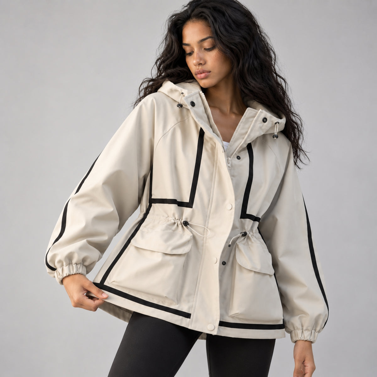 Women's Hooded Drawstring Utility Jacket-Fowsa