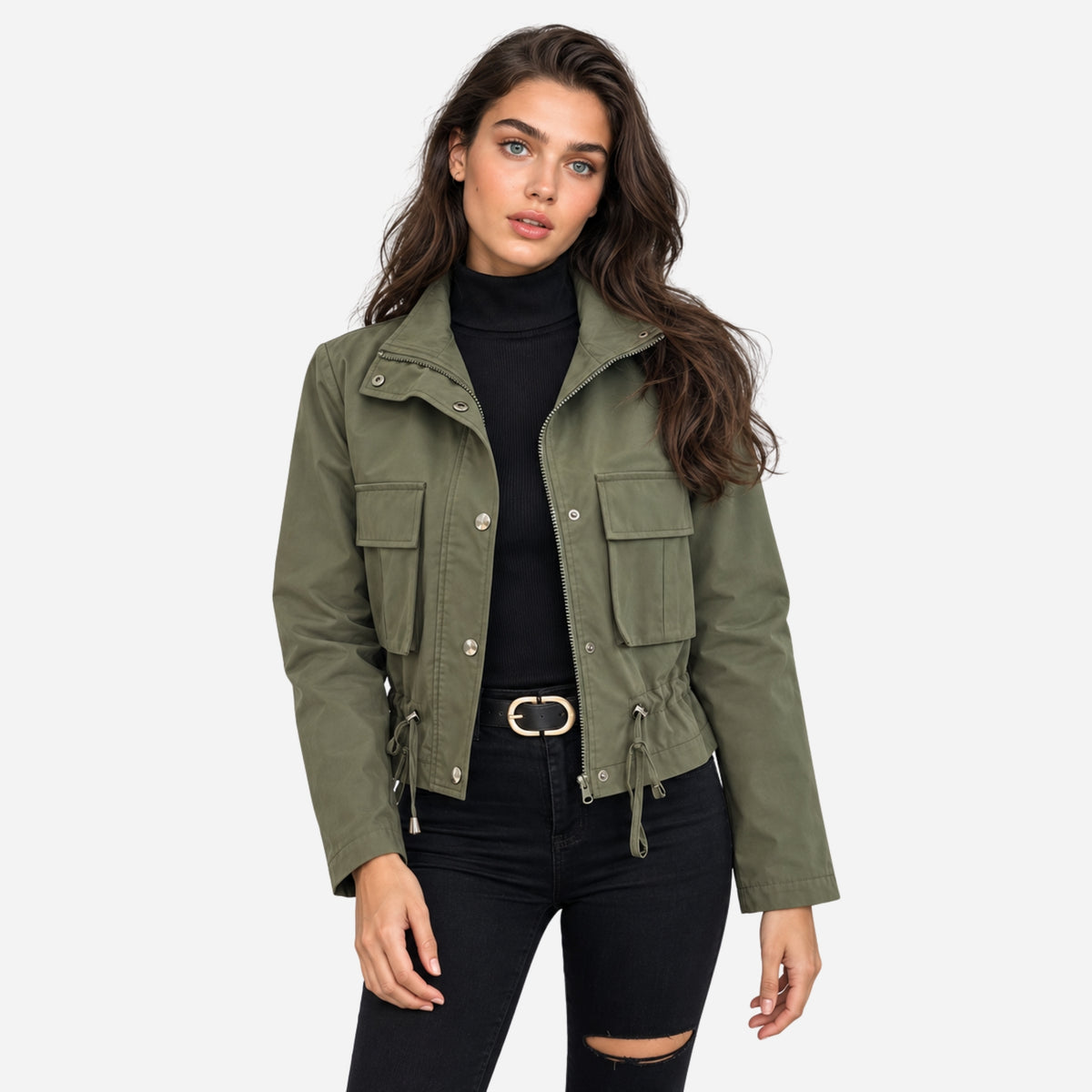Women's Cropped Utility Cargo Windbreaker Jacket-Fowsa