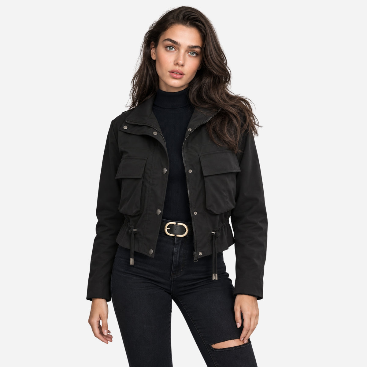 Women's Cropped Utility Cargo Windbreaker Jacket-Fowsa