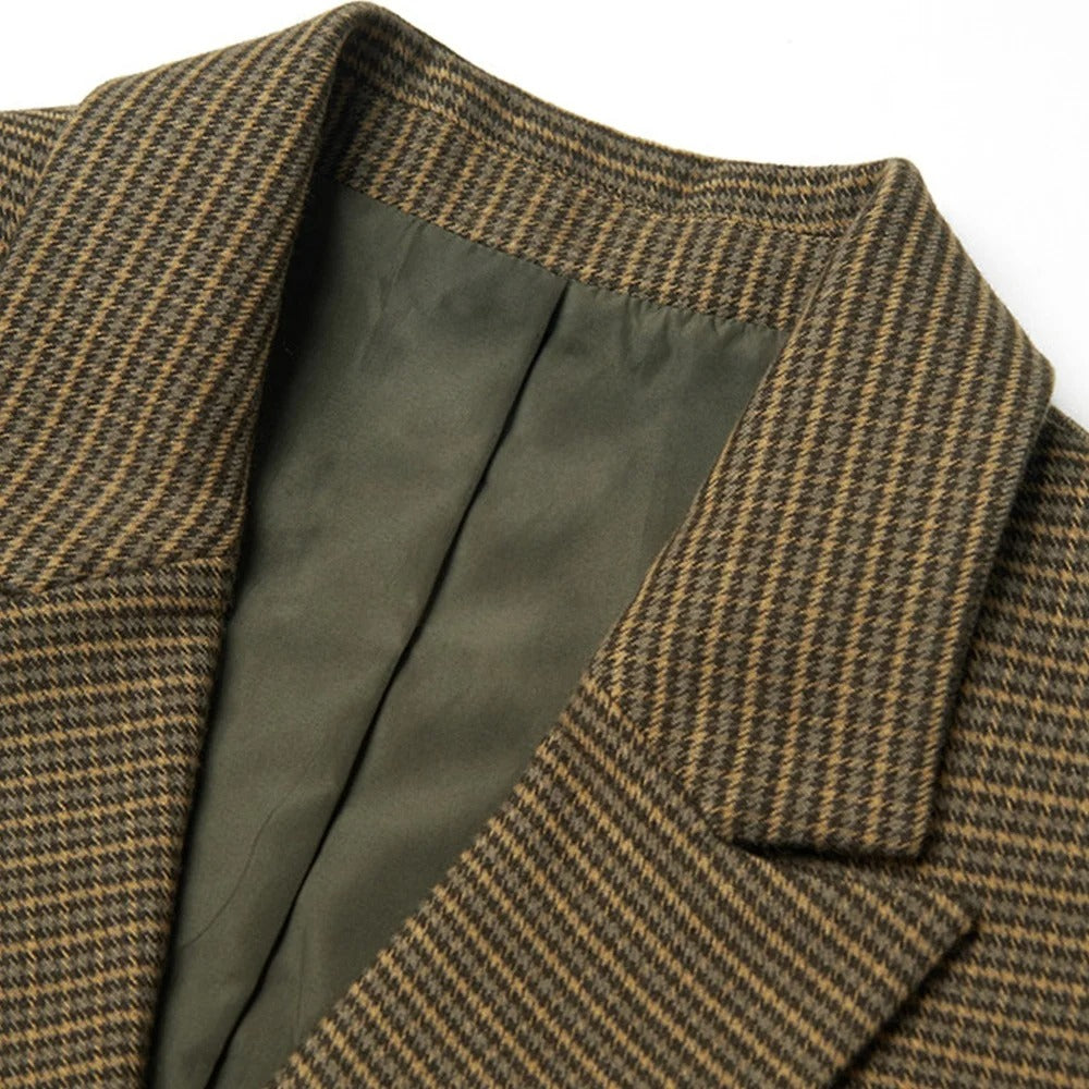 Checked Blazer in Brown and Black with Gold-Tone Buttons