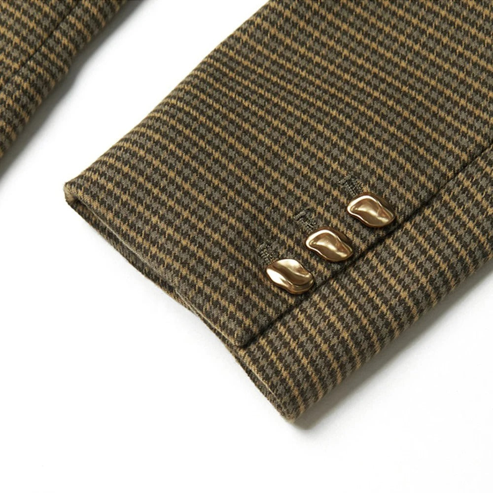 Checked Blazer in Brown and Black with Gold-Tone Buttons