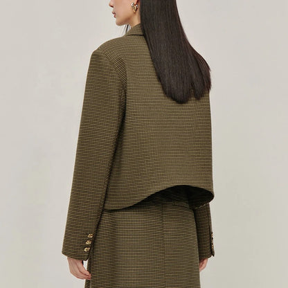 Checked Blazer in Brown and Black with Gold-Tone Buttons