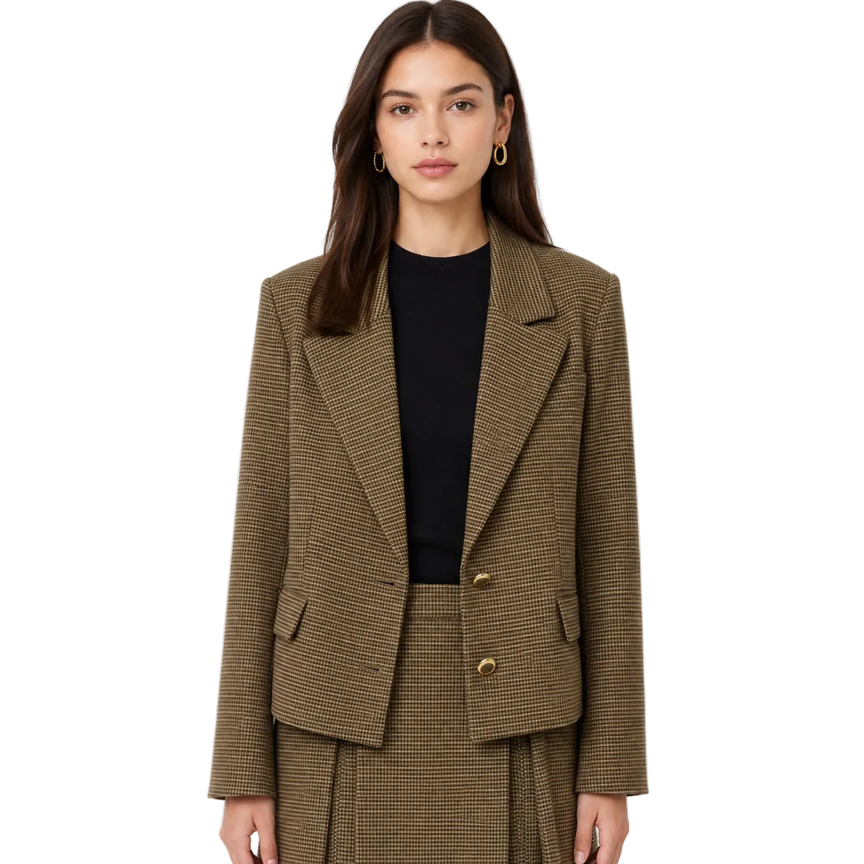 Checked Blazer in Brown and Black with Gold-Tone Buttons