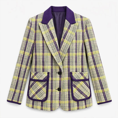 Contrast-Trim Plaid Blazer in Yellow and Purple
