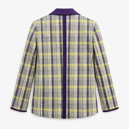 Contrast-Trim Plaid Blazer in Yellow and Purple