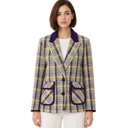 Contrast-Trim Plaid Blazer in Yellow and Purple