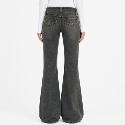 Corset-Waist Flare Jeans with Lace-Up Detail in Acid Wash