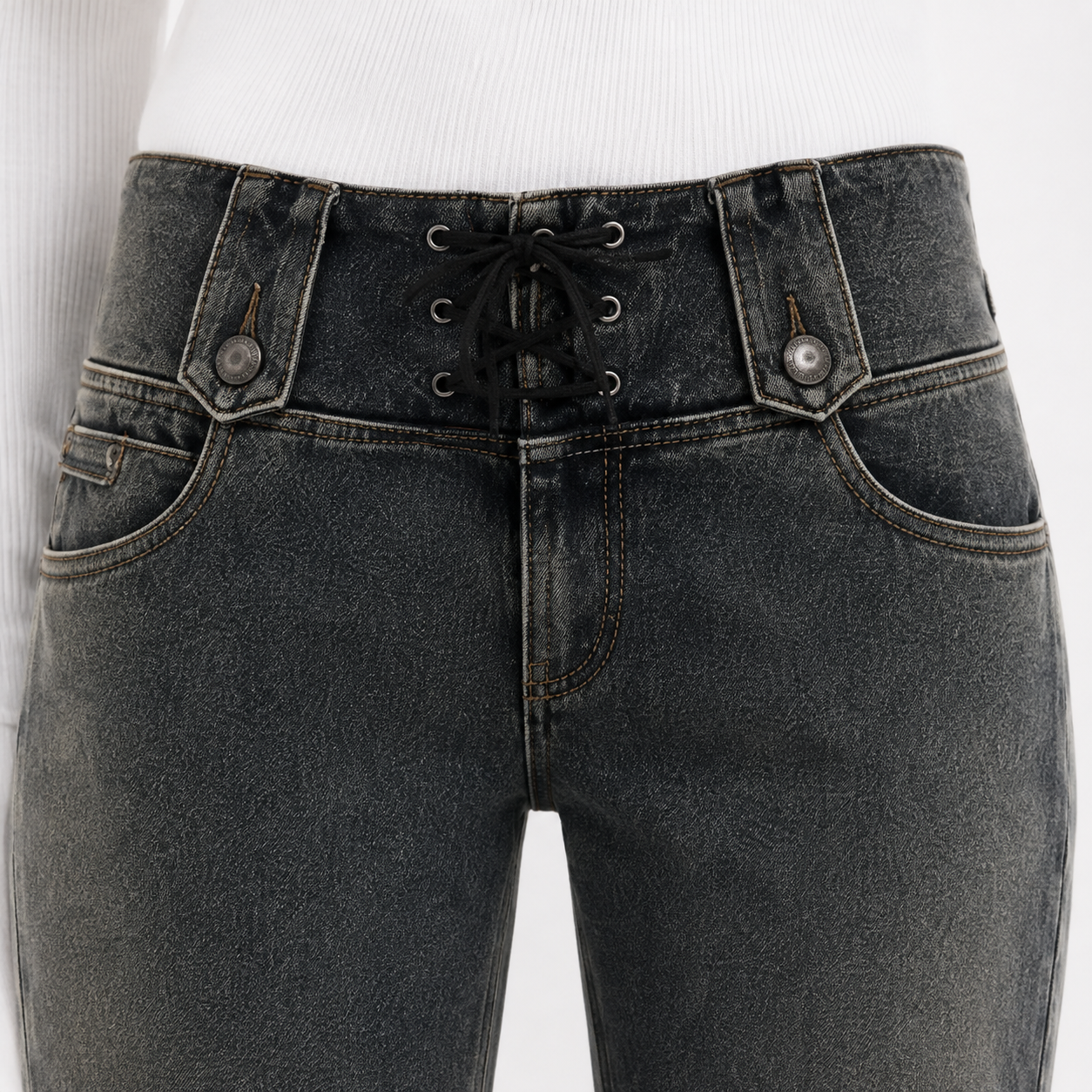 Corset-Waist Flare Jeans with Lace-Up Detail in Acid Wash