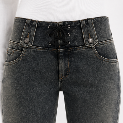 Corset-Waist Flare Jeans with Lace-Up Detail in Acid Wash