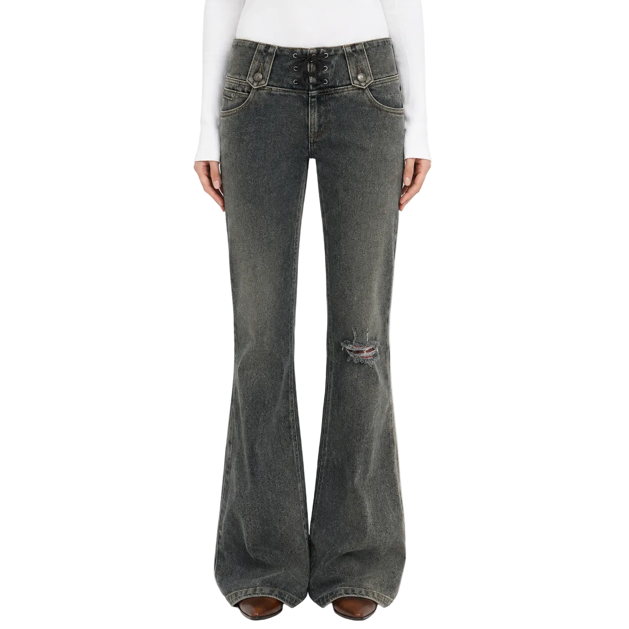 Corset-Waist Flare Jeans with Lace-Up Detail in Acid Wash