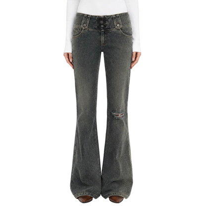 Corset-Waist Flare Jeans with Lace-Up Detail in Acid Wash