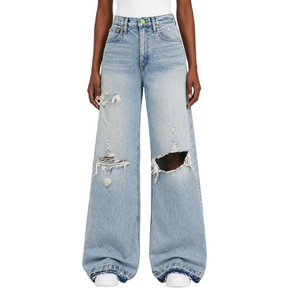 Distressed Wide-Leg Jeans in Light Blue Wash