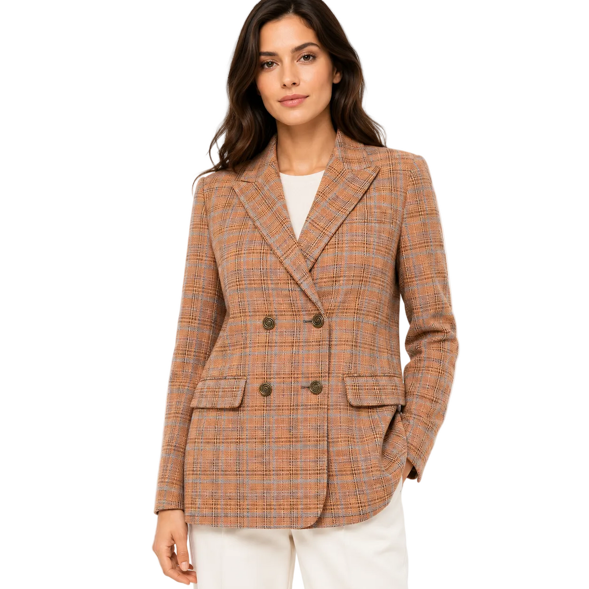 Double-Breasted Plaid Blazer in Orange and Gray