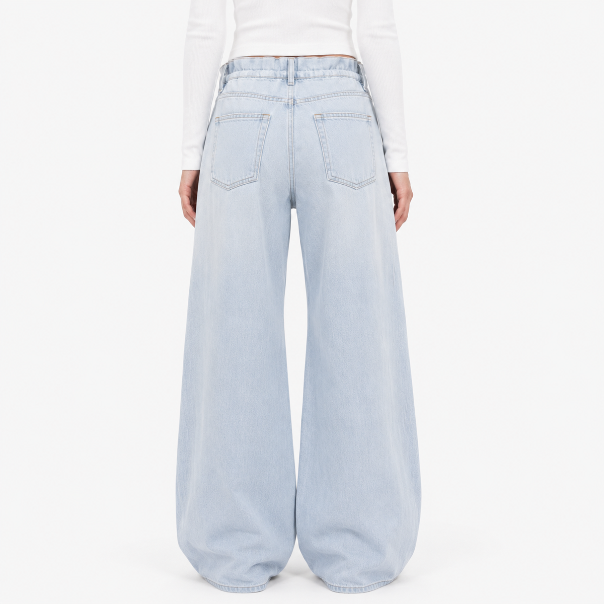 Drawstring Waist Wide-Leg Jeans in Light Blue Wash