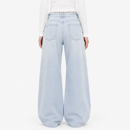 Drawstring Waist Wide-Leg Jeans in Light Blue Wash