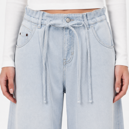 Drawstring Waist Wide-Leg Jeans in Light Blue Wash