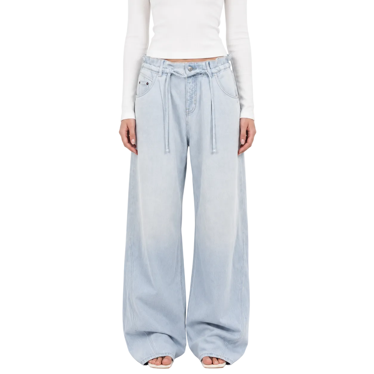 Drawstring Waist Wide-Leg Jeans in Light Blue Wash