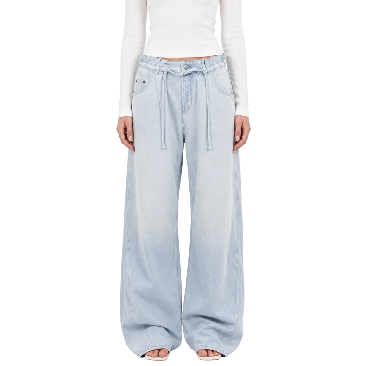Drawstring Waist Wide-Leg Jeans in Light Blue Wash