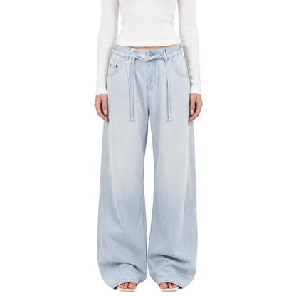Drawstring Waist Wide-Leg Jeans in Light Blue Wash