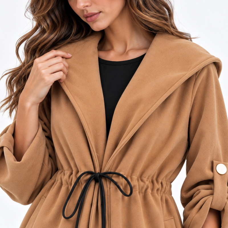 Hooded Tie Waist Duffle Coat-Fowsa