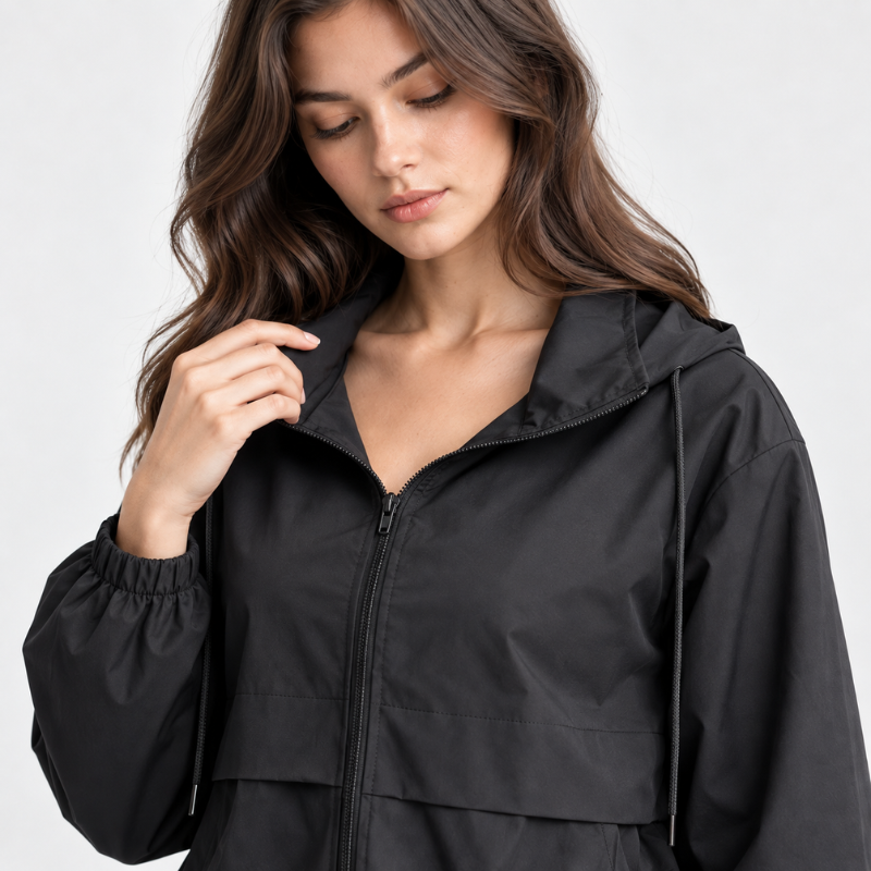 Hooded Zip Front Windbreaker Jacket-Fowsa