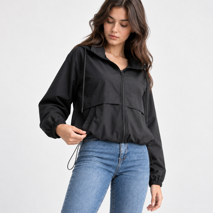 Hooded Zip Front Windbreaker Jacket-Fowsa