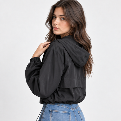 Hooded Zip Front Windbreaker Jacket-Fowsa