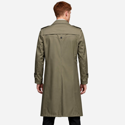 Men's Belted Double-Breasted Long Trench Coat-Fowsa