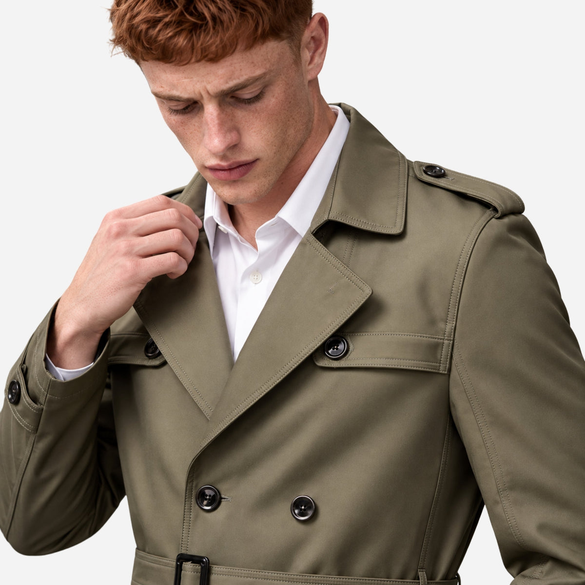 Men's Belted Double-Breasted Long Trench Coat-Fowsa