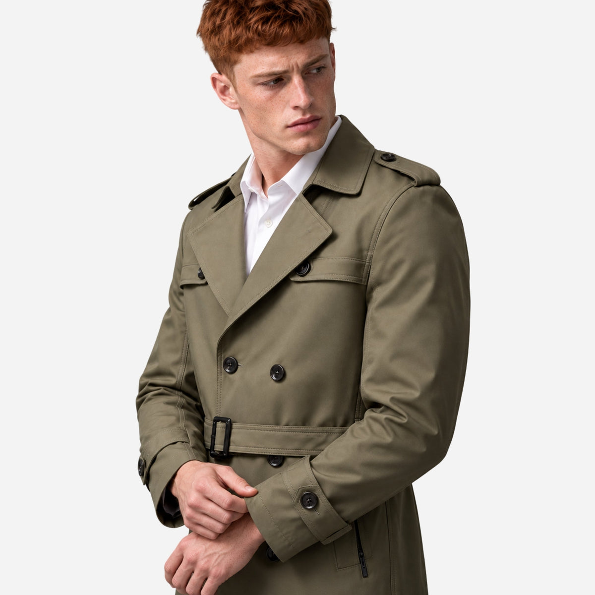 Men's Belted Double-Breasted Long Trench Coat-Fowsa