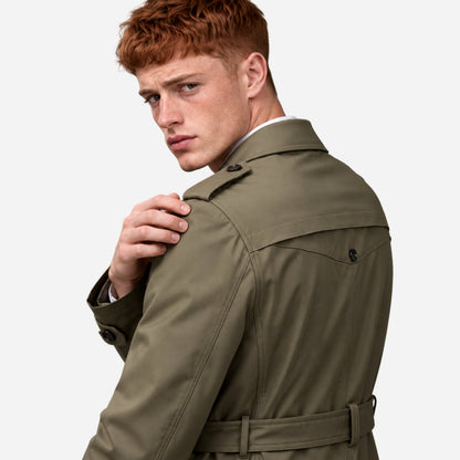 Men's Belted Double-Breasted Long Trench Coat-Fowsa
