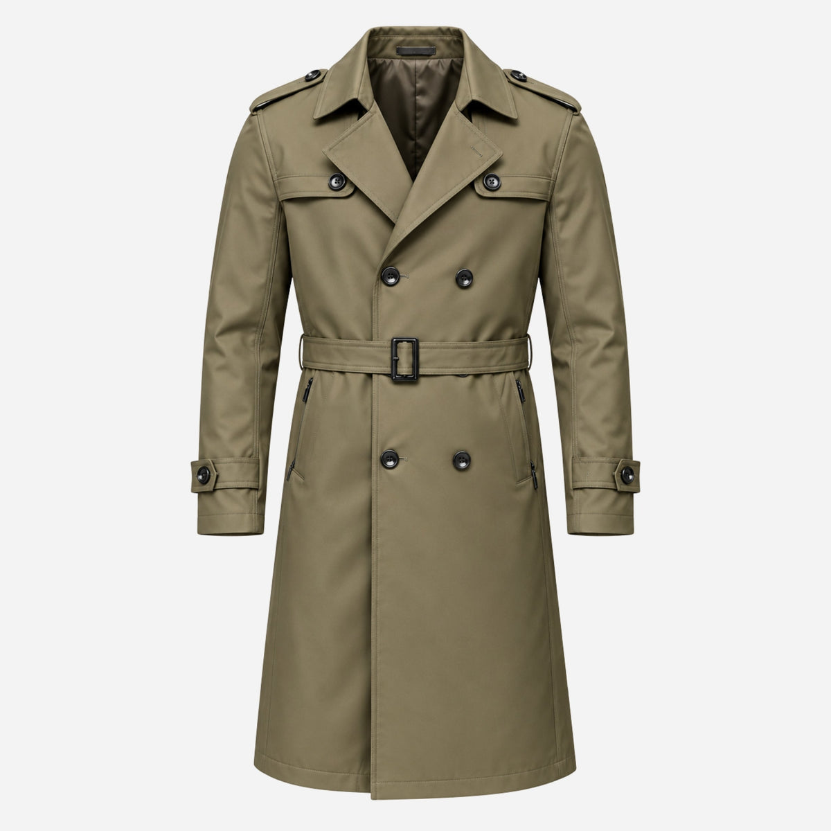 Men's Belted Double-Breasted Long Trench Coat-Fowsa