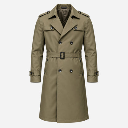 Men's Belted Double-Breasted Long Trench Coat-Fowsa