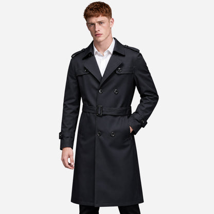 Men's Belted Double-Breasted Long Trench Coat-Fowsa
