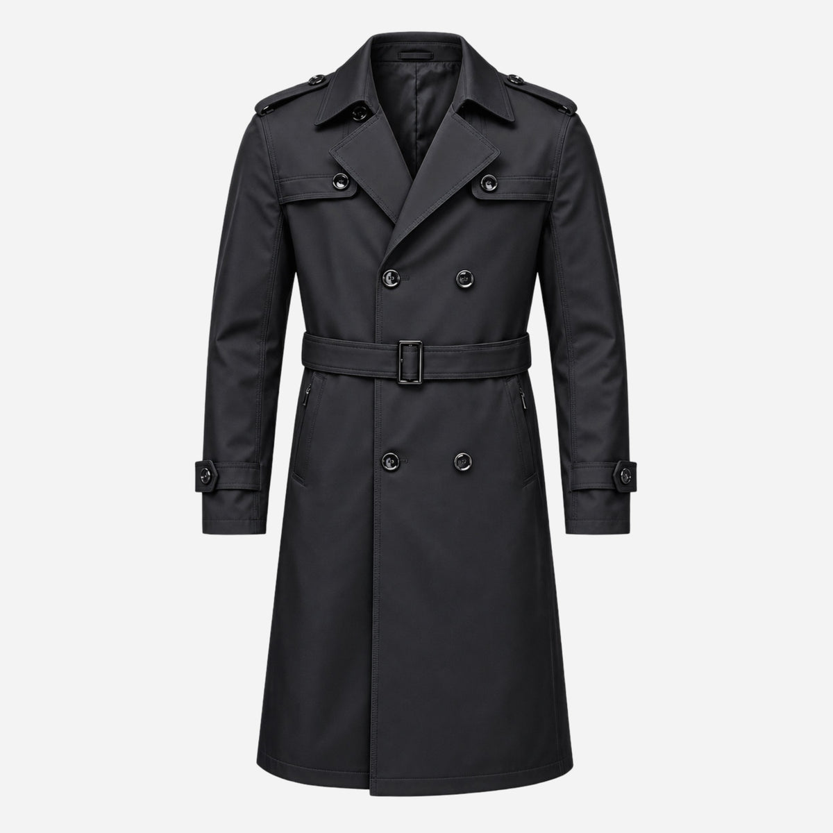 Men's Belted Double-Breasted Long Trench Coat-Fowsa