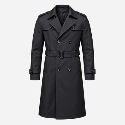 Men's Belted Double-Breasted Long Trench Coat-Fowsa