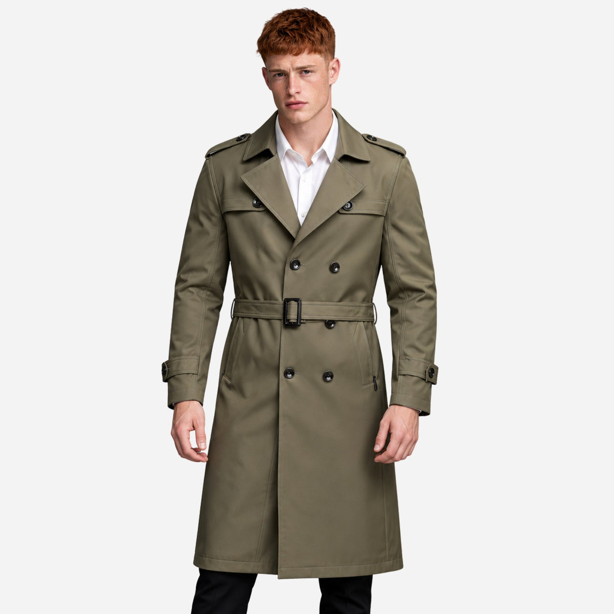 Men's Belted Double-Breasted Long Trench Coat-Fowsa