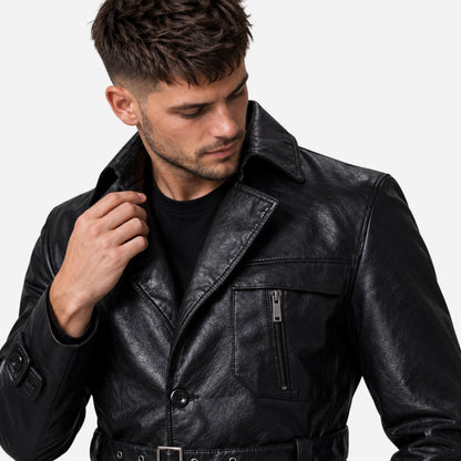 Men's Belted Lapel Button-Front Mid-Length Coat-Fowsa
